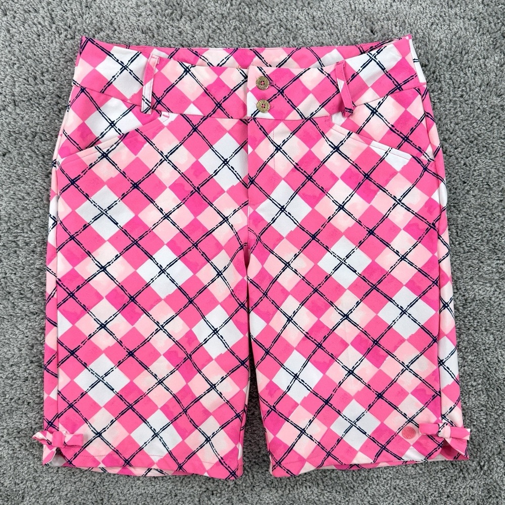 Lilly Pulitzer Luxletic Fairway Golf Shorts 8 Bettina Pink Glo Flo Argyle UPF 50